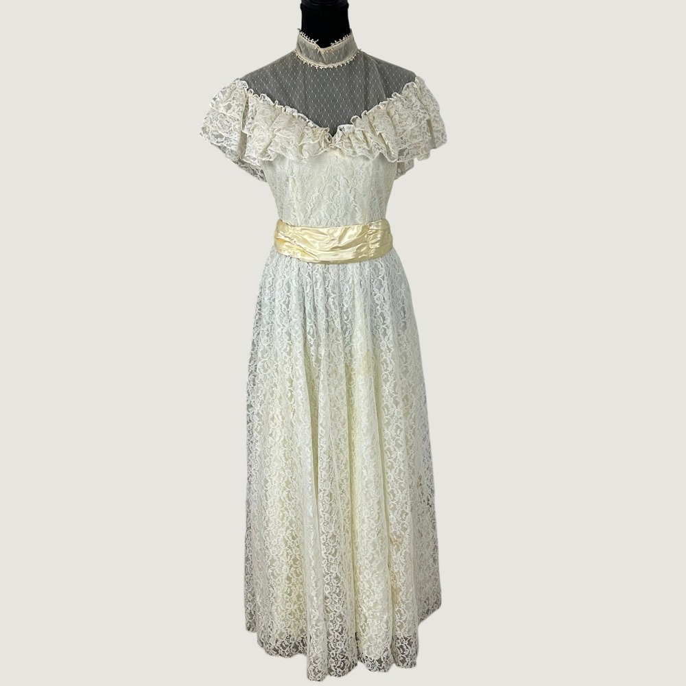Vintage Candi Jones California Lace Maxi Dress Yellow Sash Victorian Prairie 9